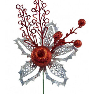 Red and Silver Glitter Floral Pick
