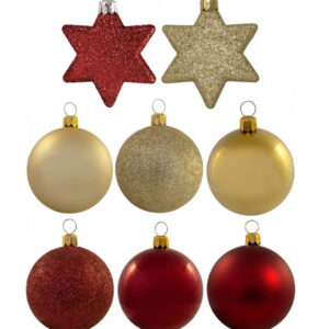 Christmas Tree Ornaments Set – Red & Gold Baubles and Stars Decoration Pack